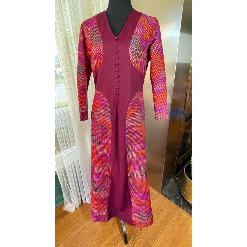 Vintage 70s dress, MOD magenta, hot pink, orange abstract pattern